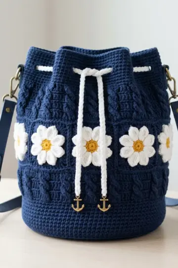 Navy Nautical Floral Bucket Bag Free Crochet Pattern