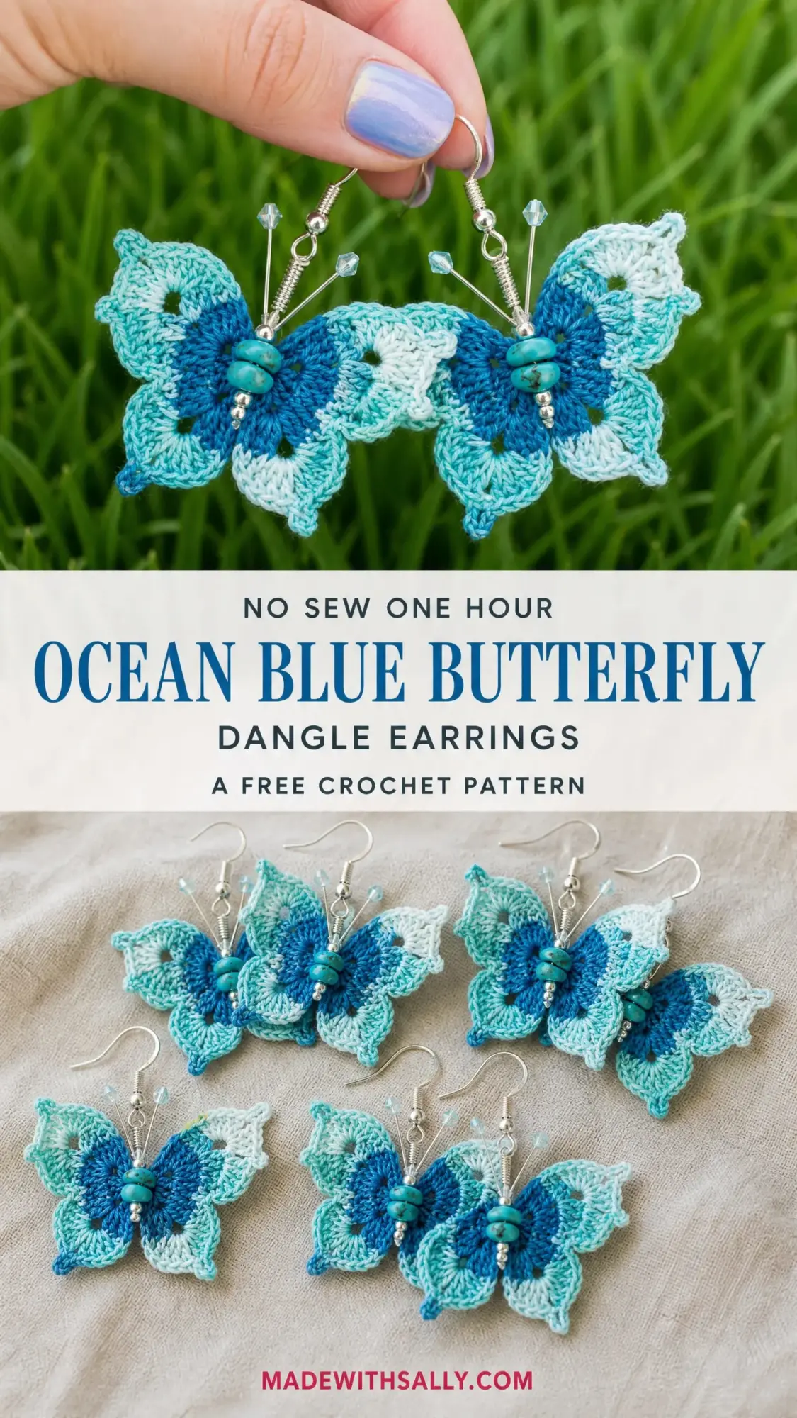 Ocean Blue Butterfly Dangle Earrings Free Crochet Pattern