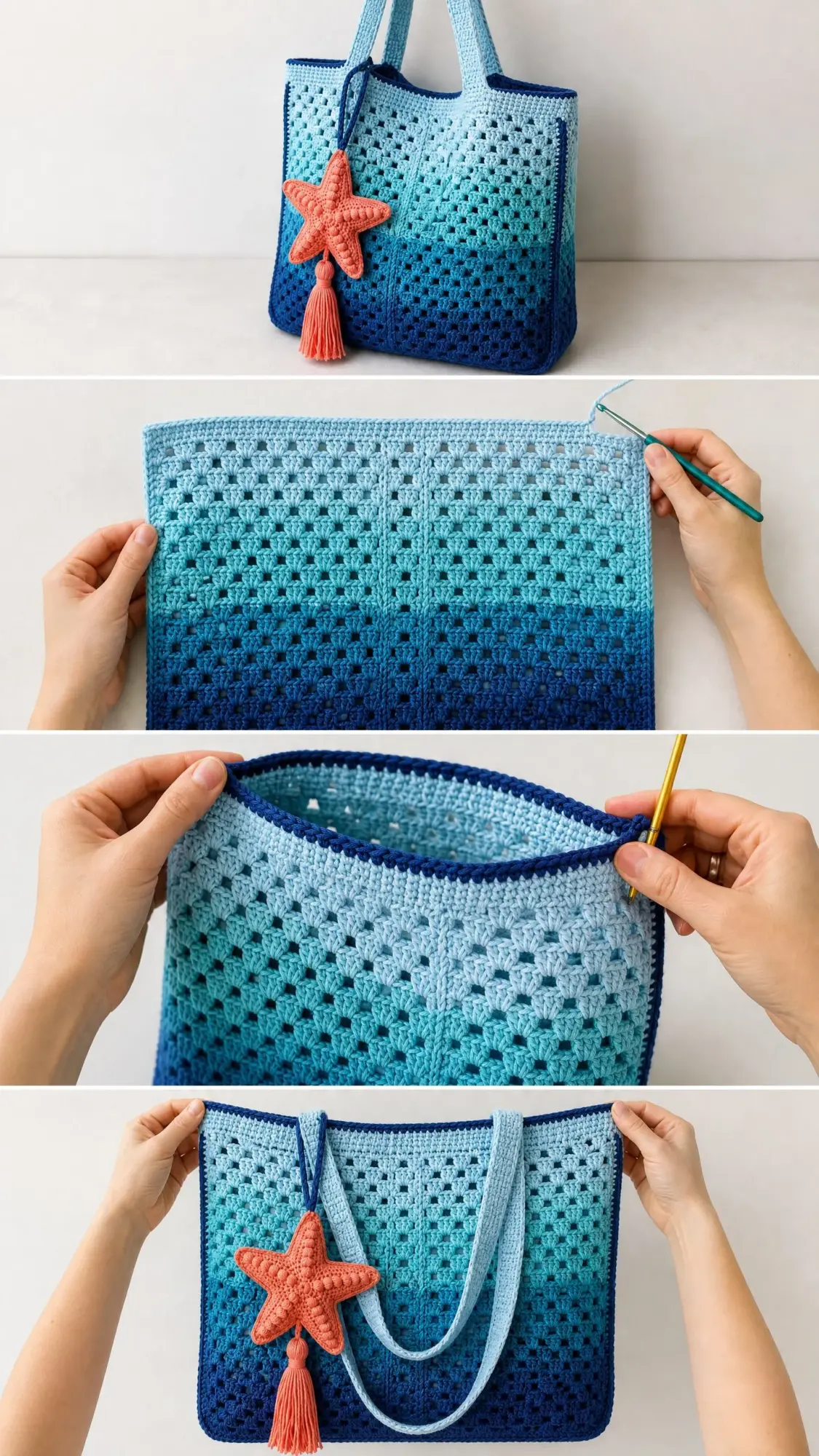 Ocean Blue Ombre Tote with Starfish Free Crochet Pattern