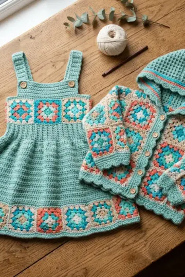 Ocean Breeze Granny Square Pinafore Set Free Crochet Pattern