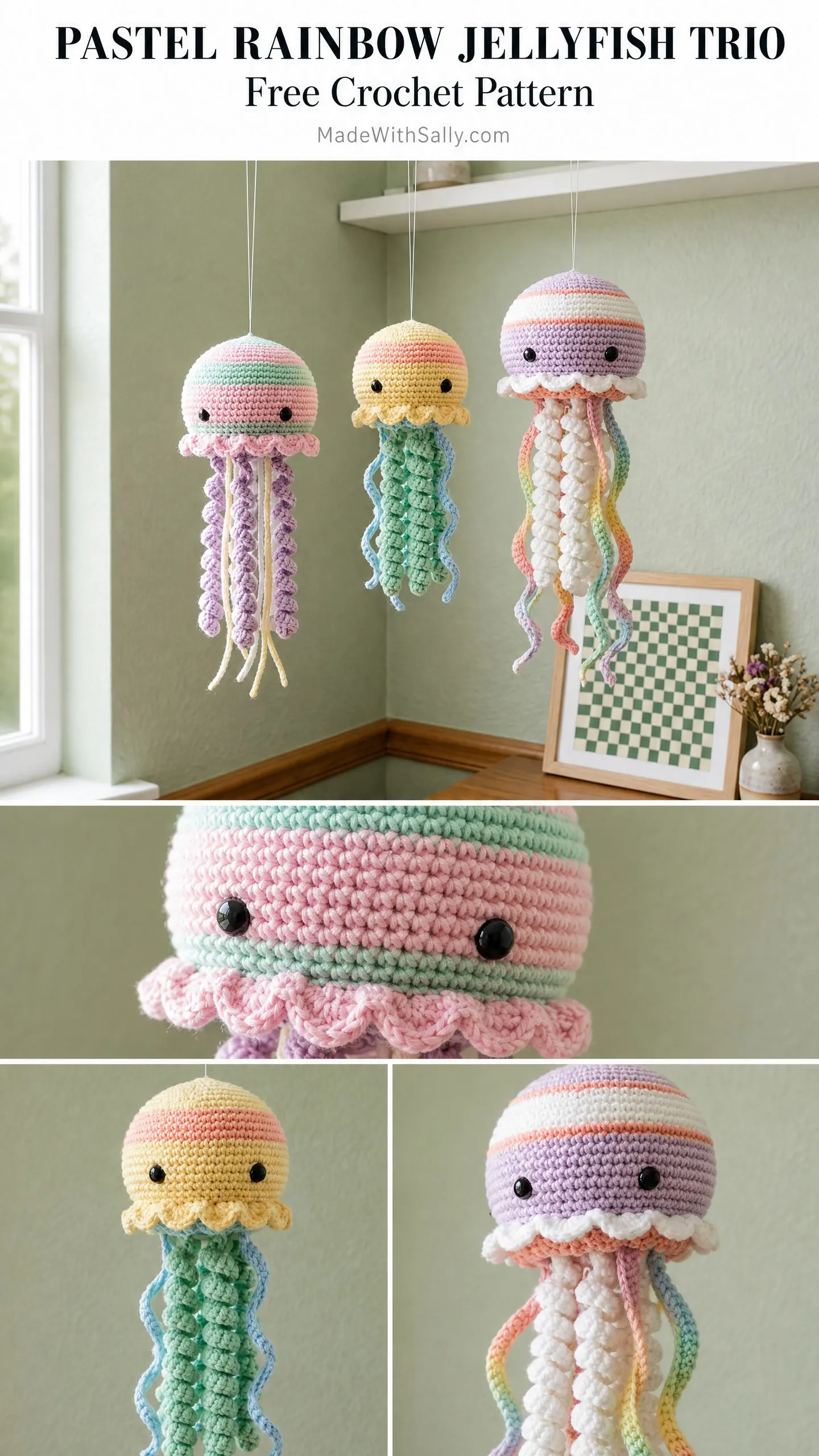 Pastel Rainbow Jellyfish Trio Free Crochet Pattern