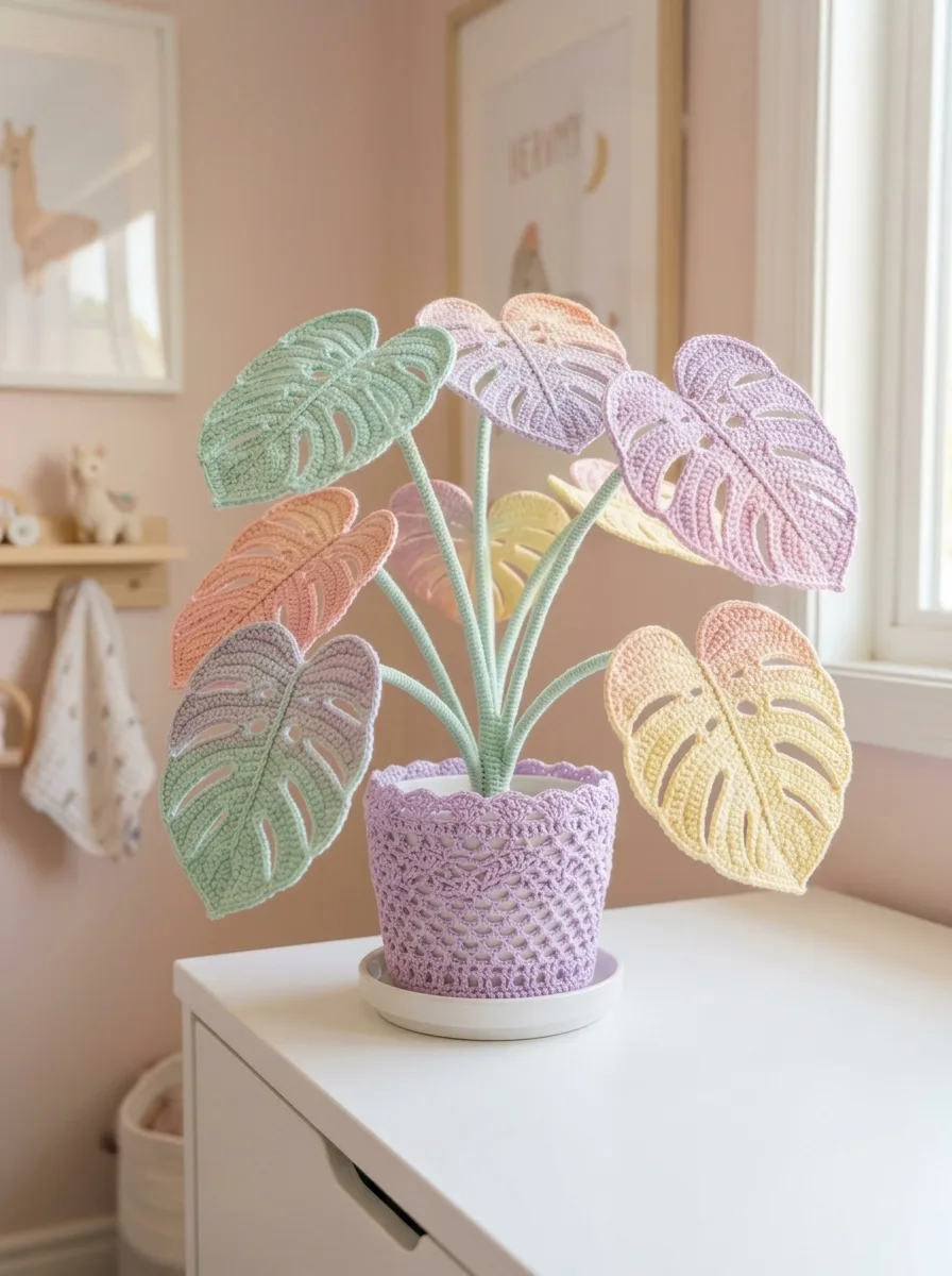 Pastel Rainbow Monstera Crochet Plant for Nursery