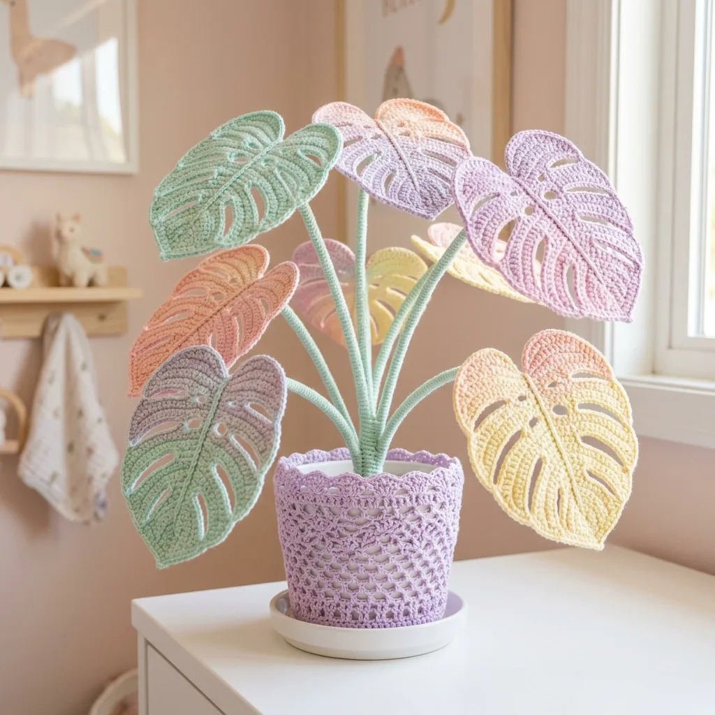 Pastel Rainbow Monstera Crochet Plant for Nursery