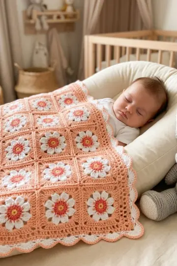 Peach Blossom Granny Square Baby Blanket Free Crochet Pattern