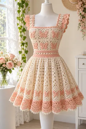 Peach Butterfly Lace Dress Crochet Pattern