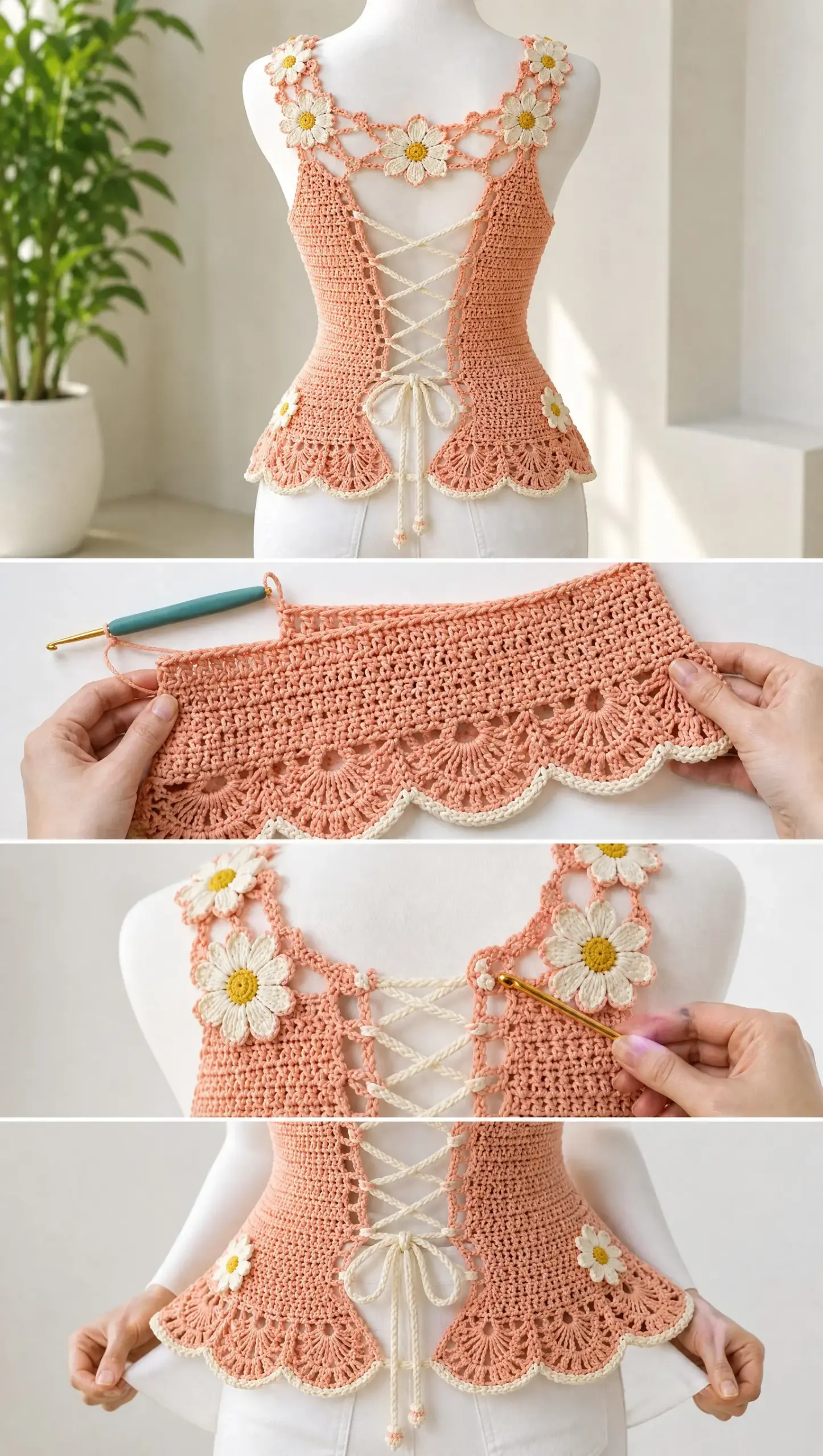 Peach Daisy Lace-Up Top Crochet Pattern