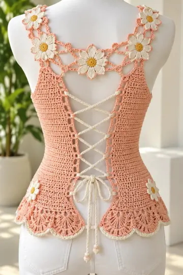 Peach Daisy Lace-Up Top Crochet Pattern