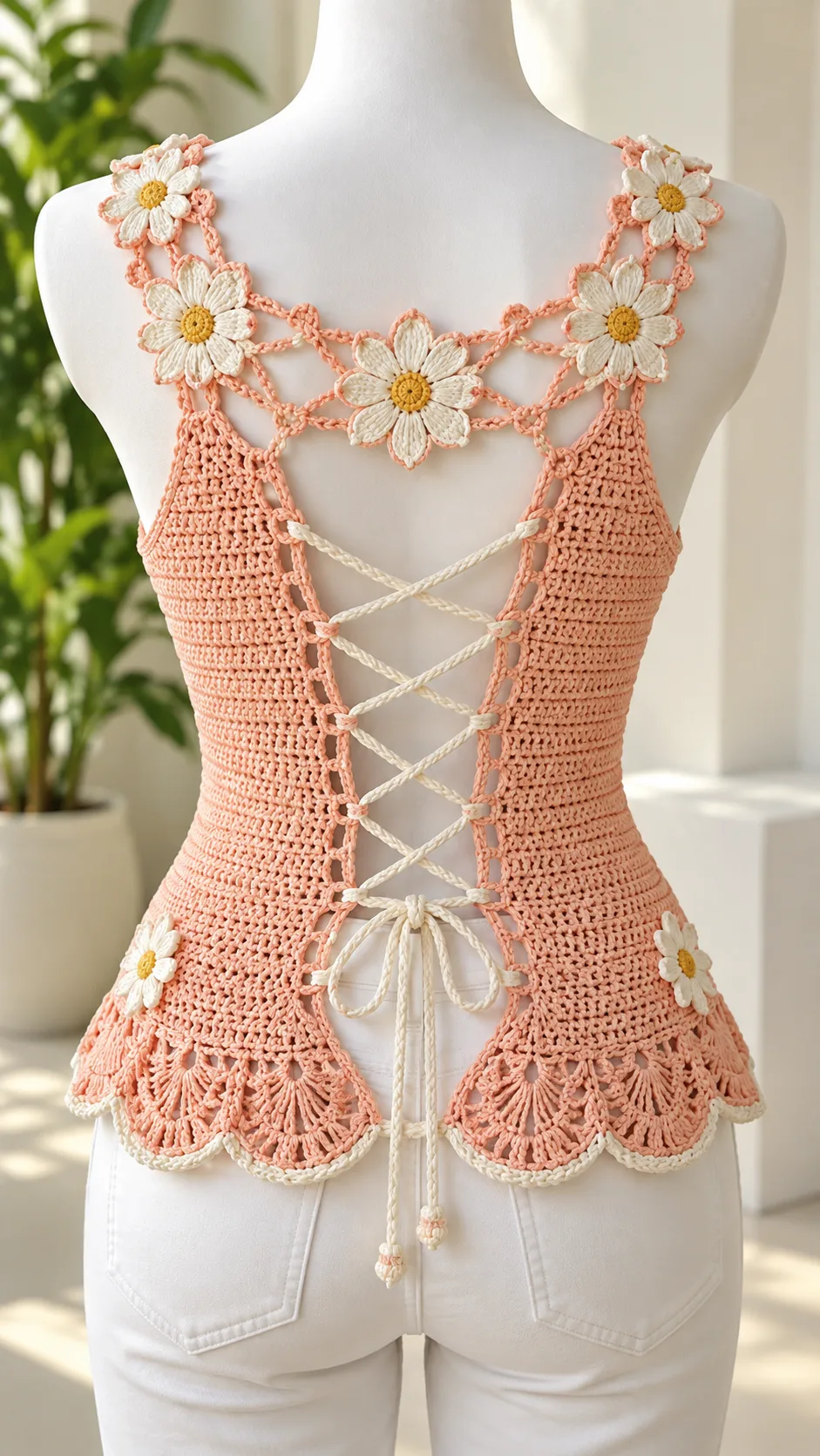 Peach Daisy Lace-Up Top Crochet Pattern
