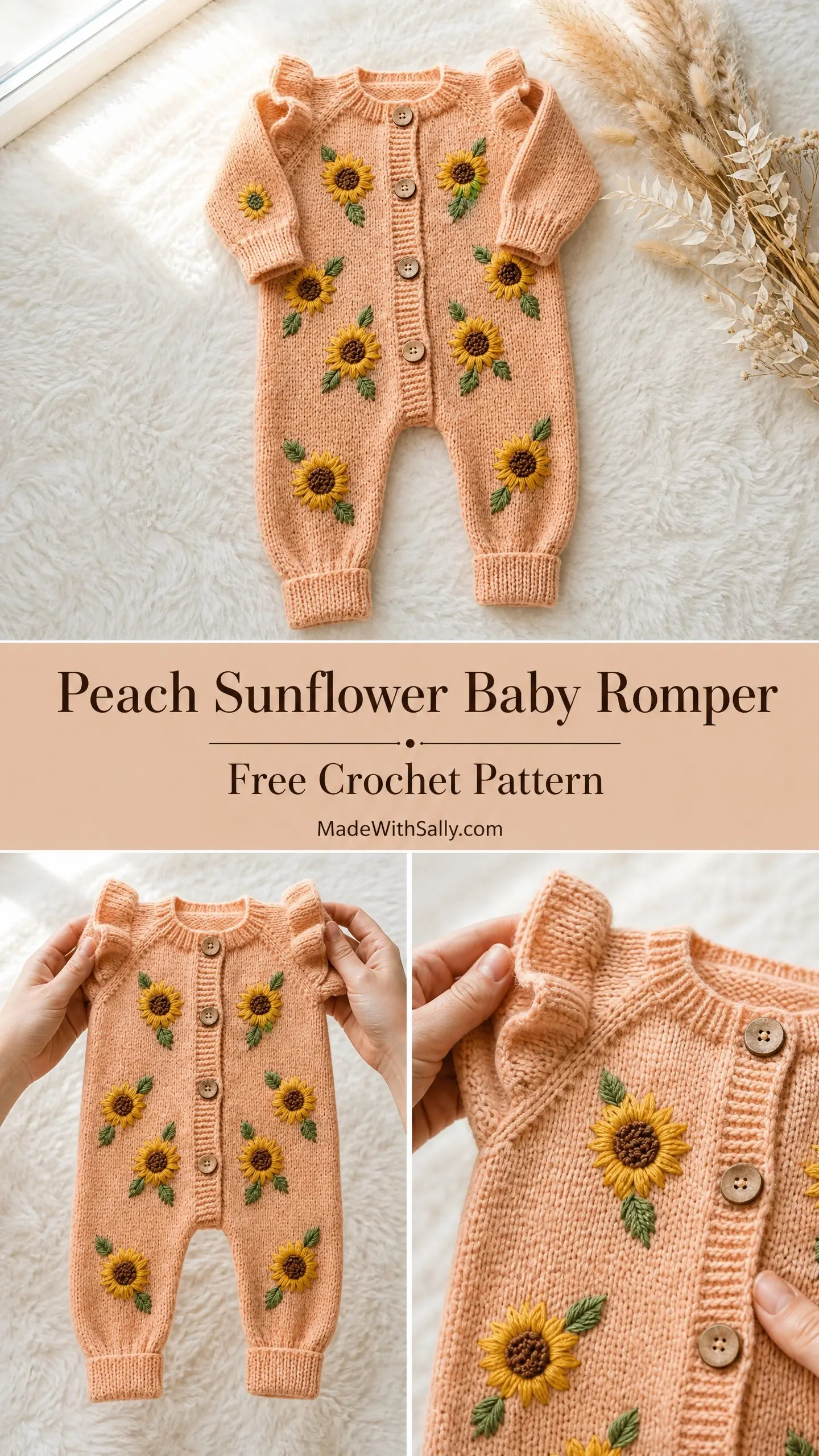 Peach Sunflower Baby Romper Free Crochet Pattern