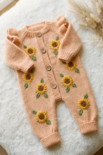 Peach Sunflower Baby Romper Free Crochet Pattern