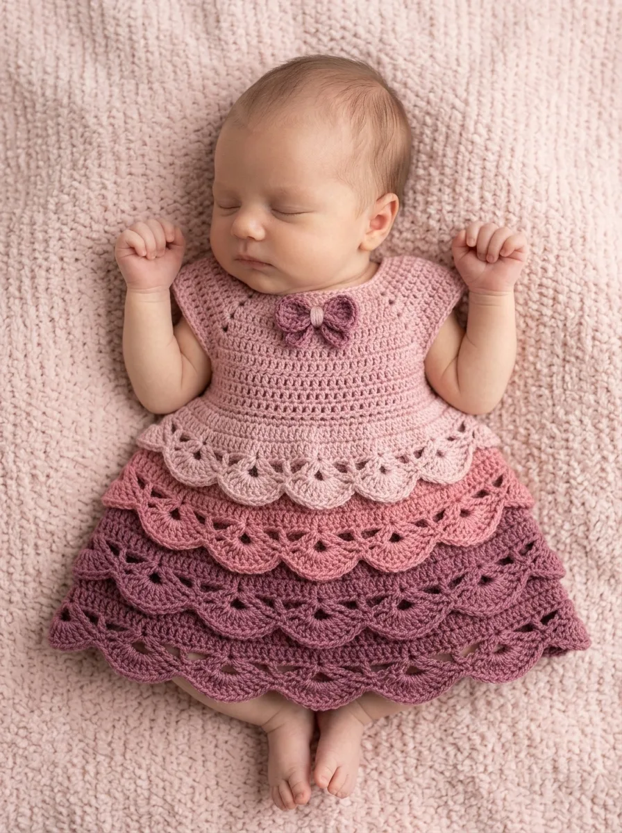 Rose Ombre Tiered Baby Dress Free Crochet Pattern