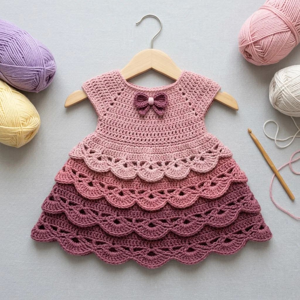 Rose Ombre Tiered Baby Dress Free Crochet Pattern