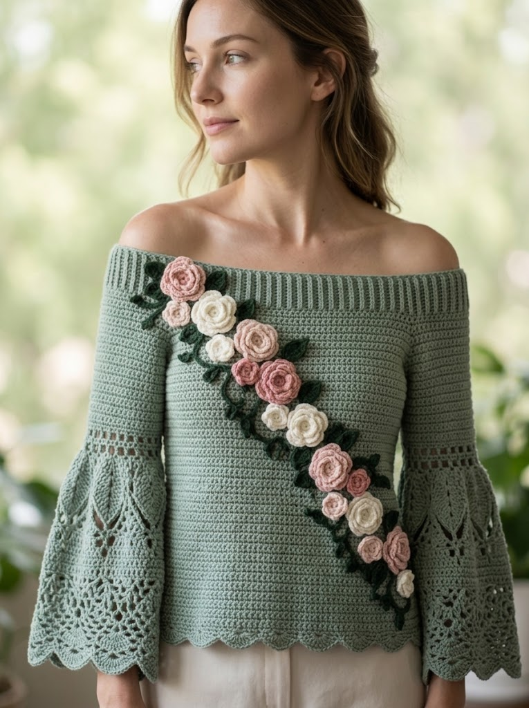 Sage Garden Bell Sleeve Crochet Top Free Pattern