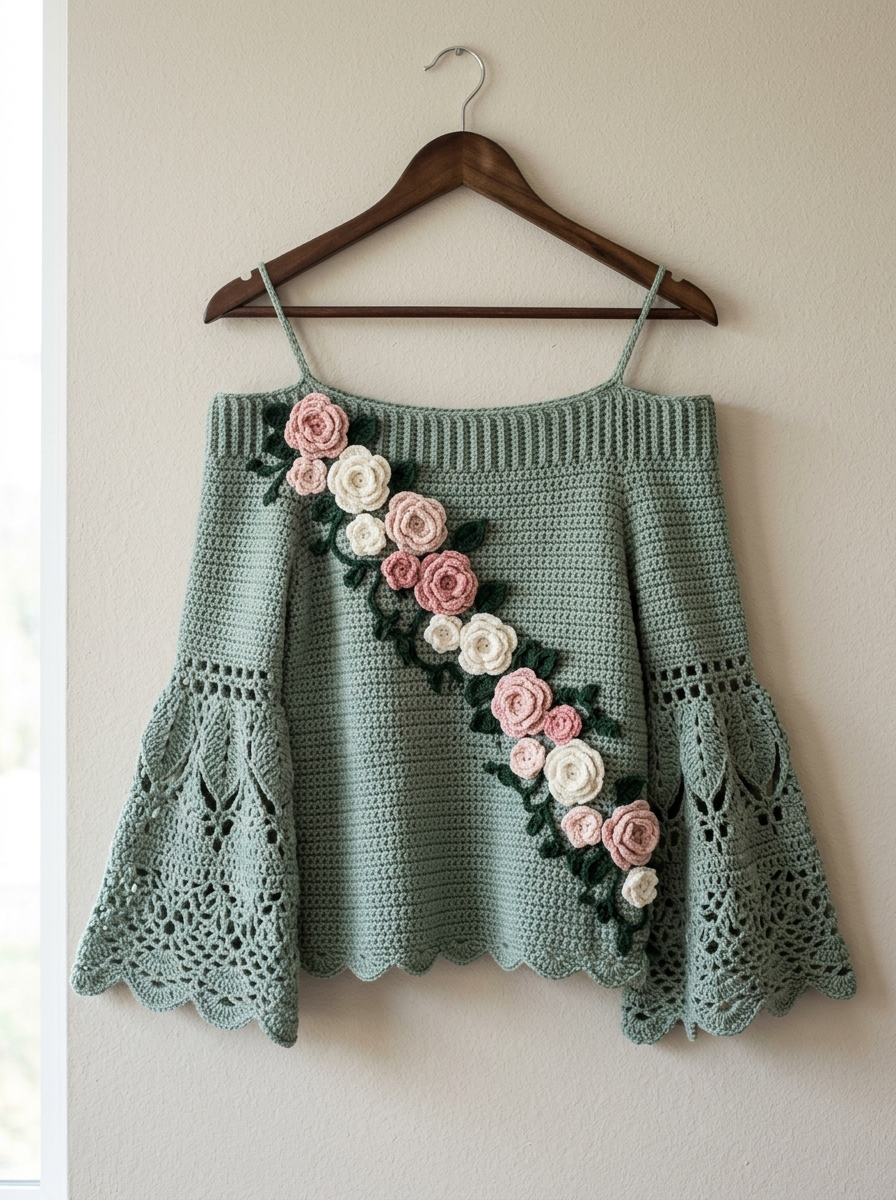 Sage Garden Bell Sleeve Crochet Top Pattern (PDF Download)
