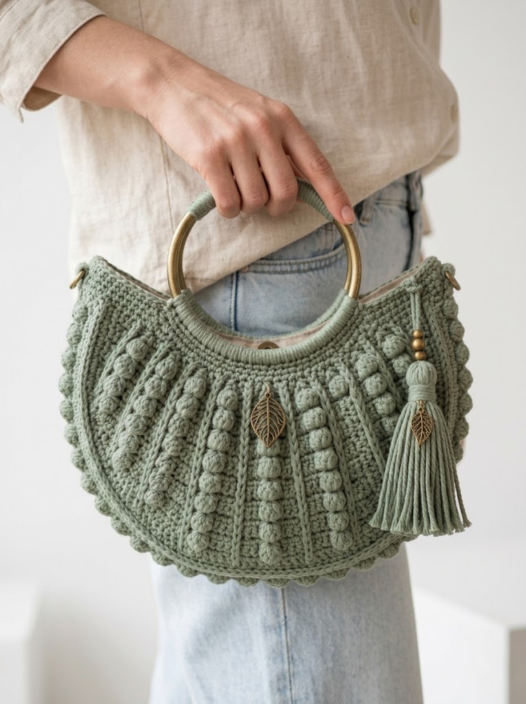 Sage Green Boho Moon Purse with Brass Details Free Crochet Pattern