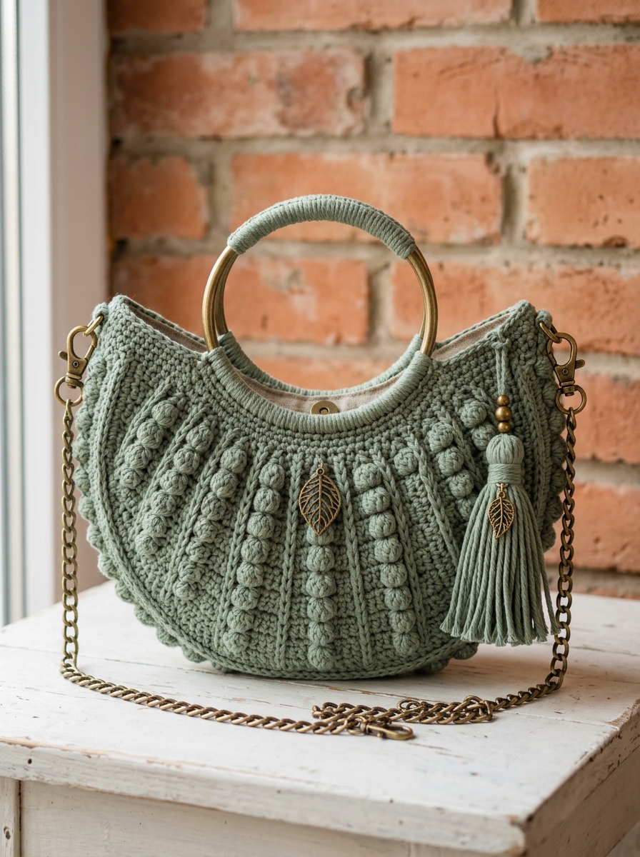 Sage Green Boho Moon Purse with Brass Details Crochet Pattern (PDF Download)