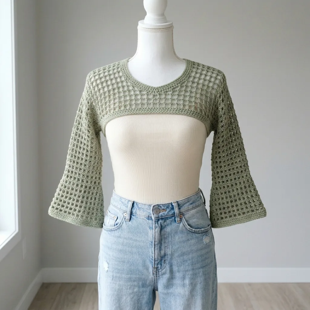 Sage Green Mesh Crochet Cropped Shrug Free Pattern