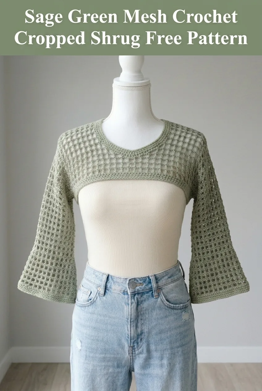 Sage Green Mesh Crochet Cropped Shrug Free Pattern