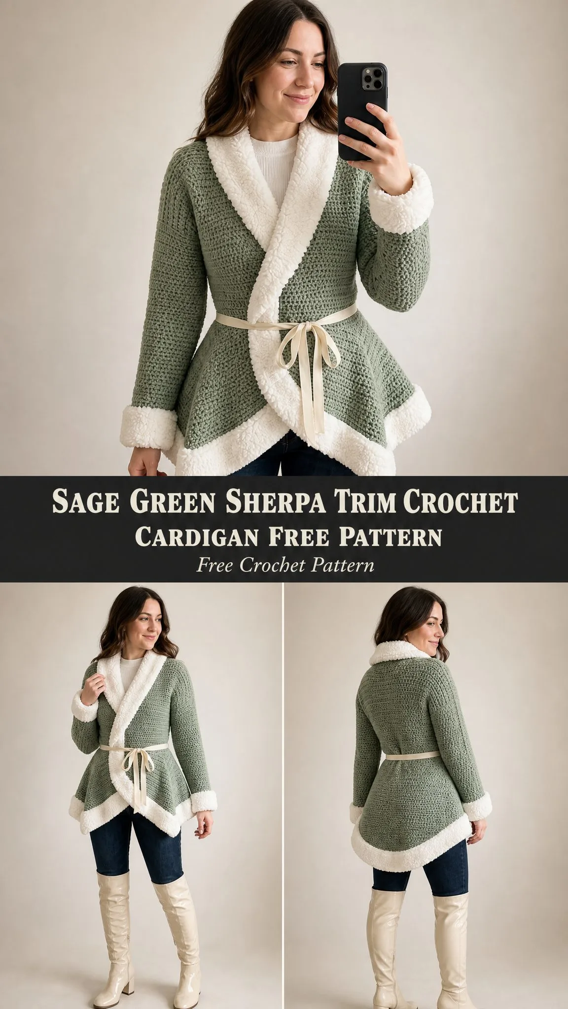 Sage Green Sherpa Trim Crochet Cardigan Free Pattern