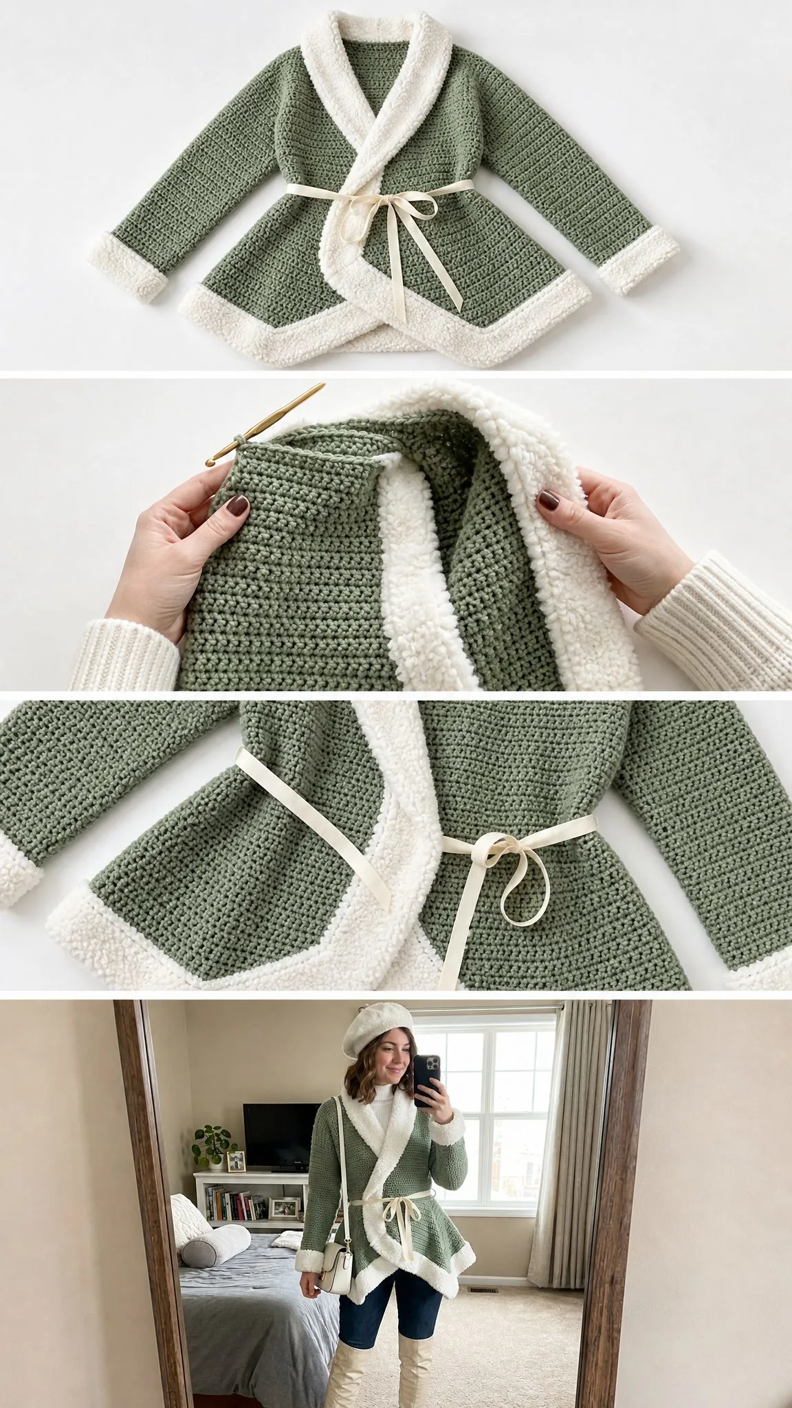 Sage Green Sherpa Trim Crochet Cardigan Free Pattern