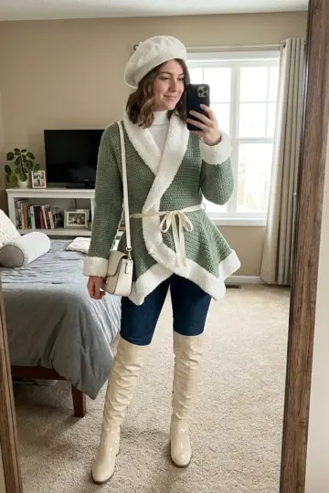 Sage Green Sherpa Trim Crochet Cardigan Free Pattern