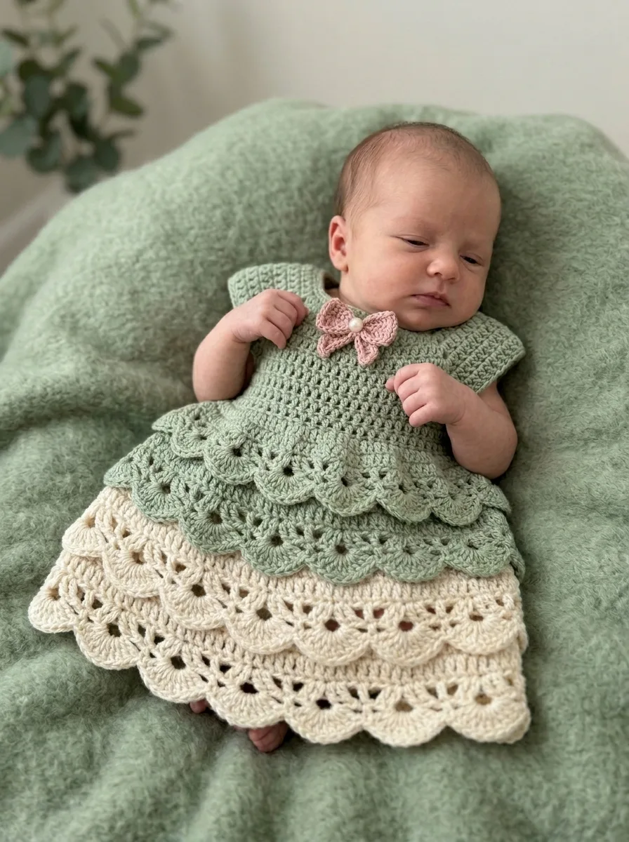 Sage Green Tiered Baby Dress Free Crochet Pattern