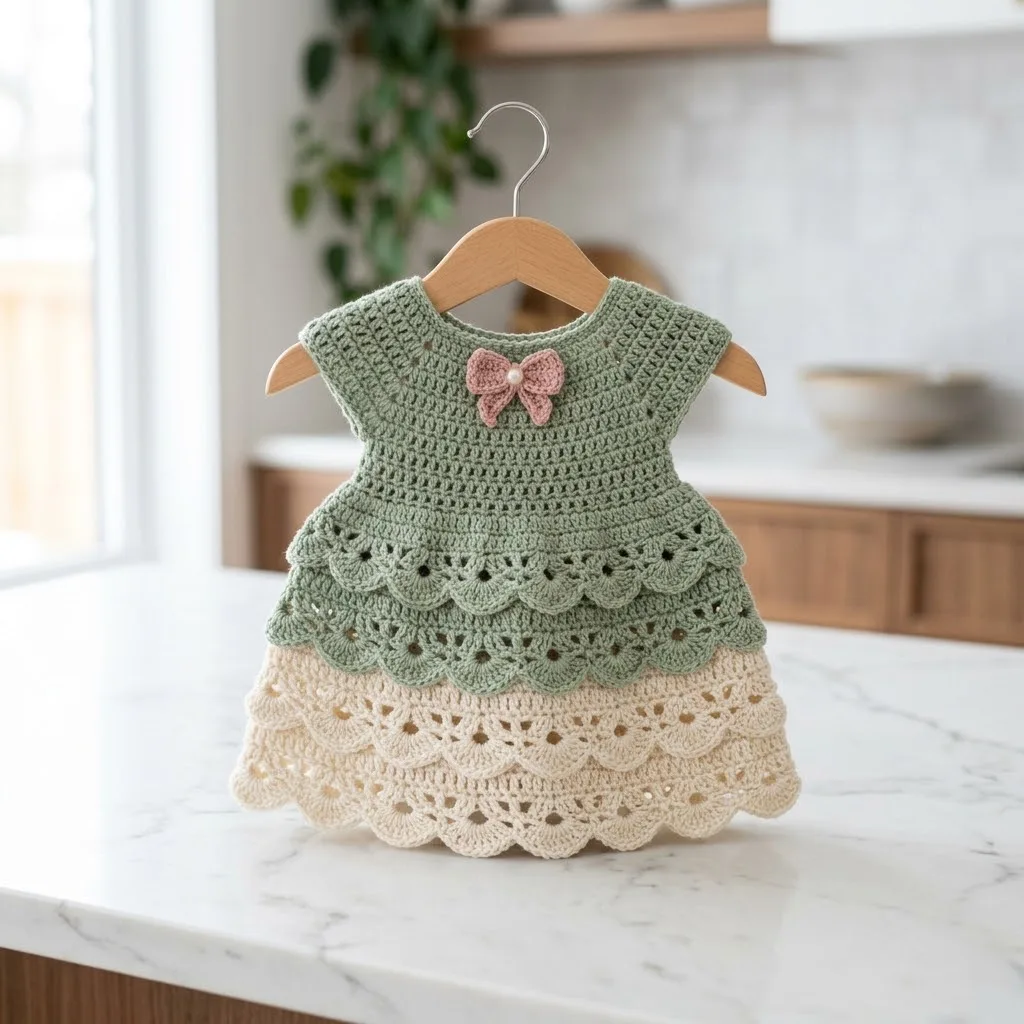 Sage Green Tiered Baby Dress Free Crochet Pattern