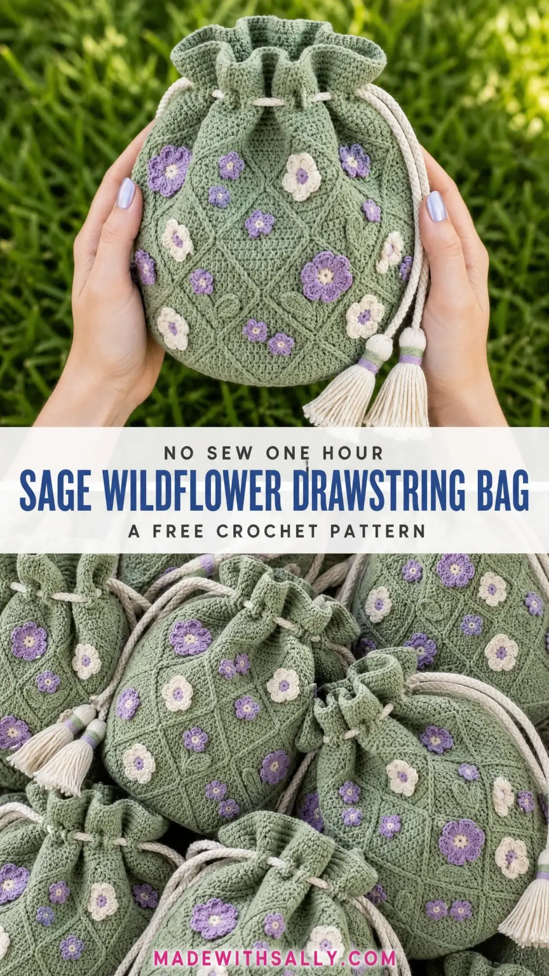 Sage Wildflower Drawstring Bag Free Crochet Pattern