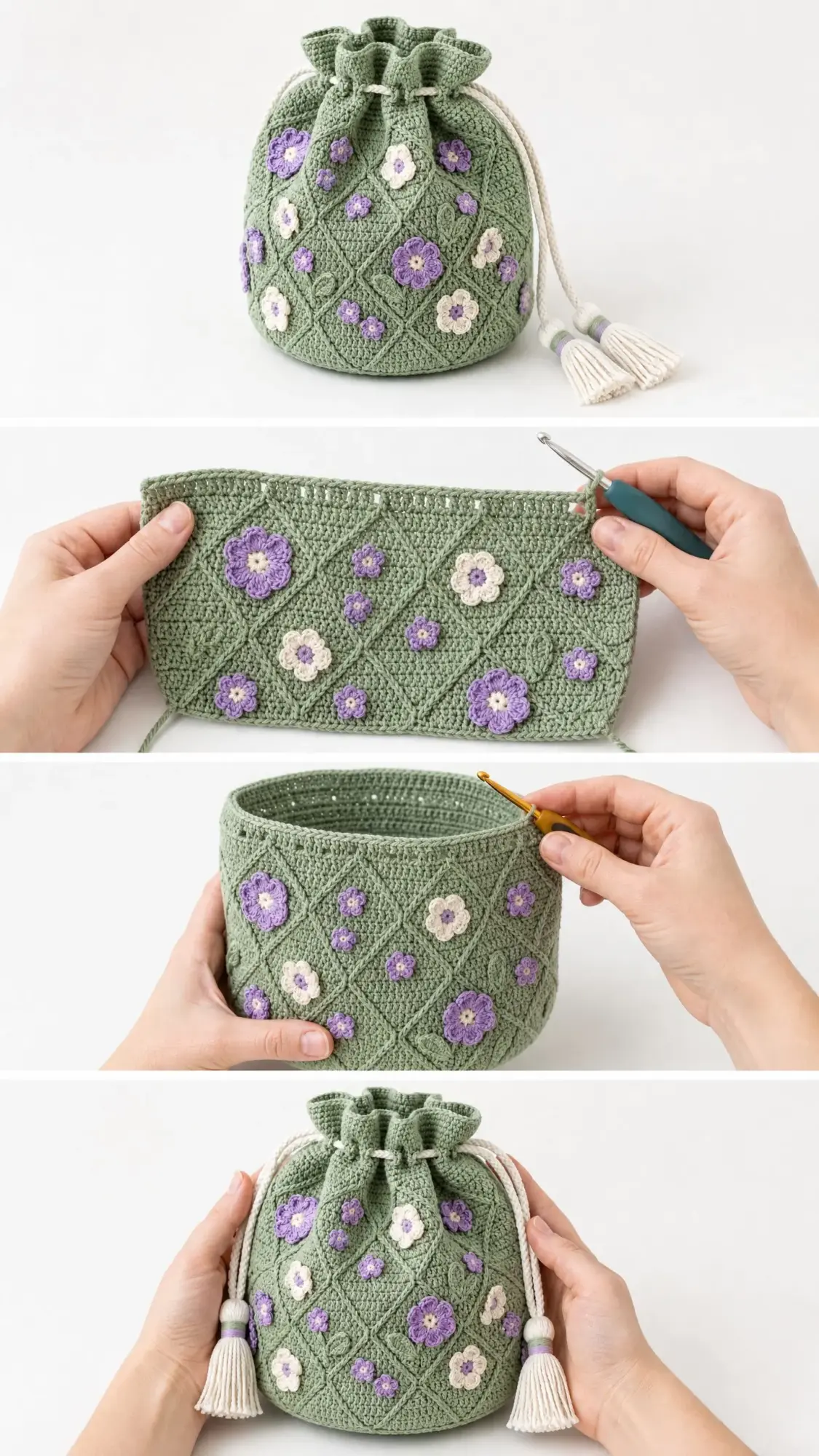 Sage Wildflower Drawstring Bag Free Crochet Pattern
