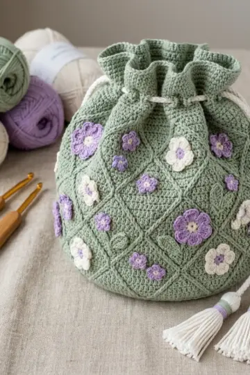 Sage Wildflower Drawstring Bag Free Crochet Pattern