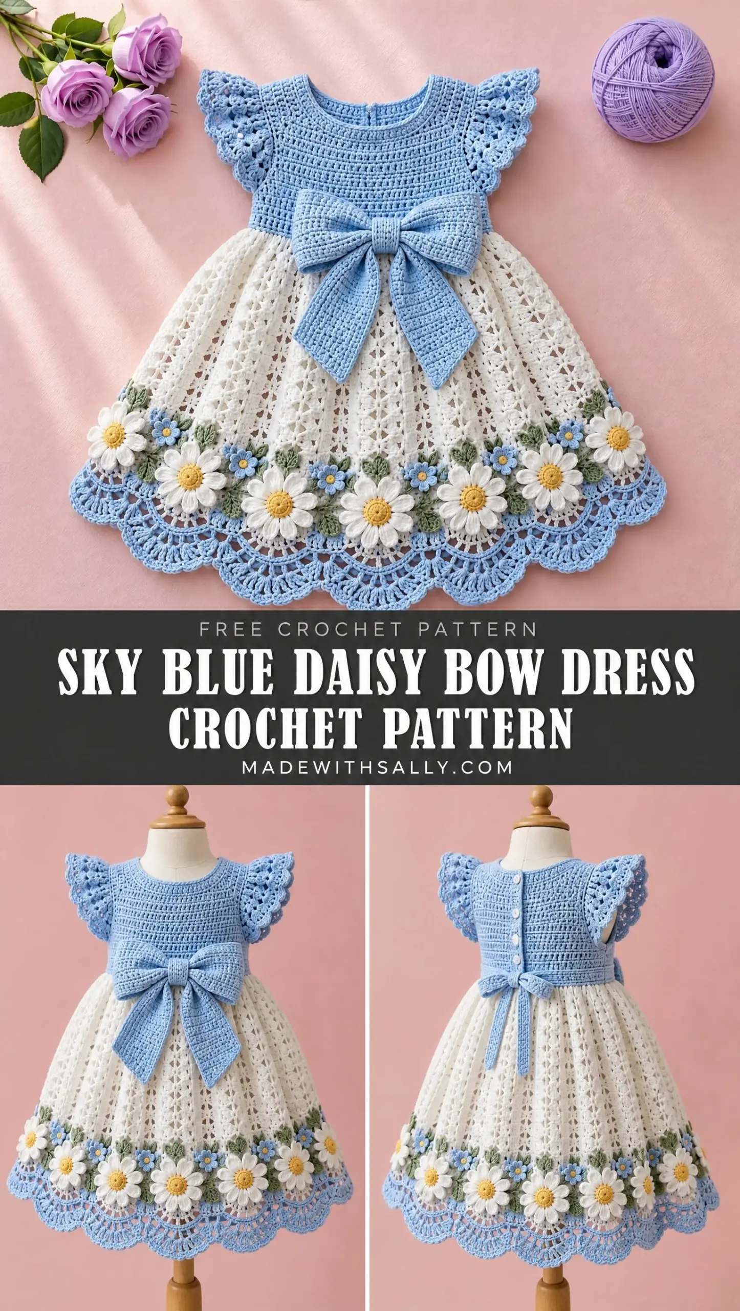 Sky Blue Daisy Bow Dress Crochet Pattern