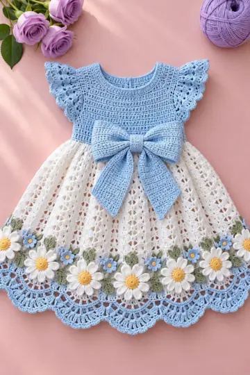 Sky Blue Daisy Bow Dress Crochet Pattern