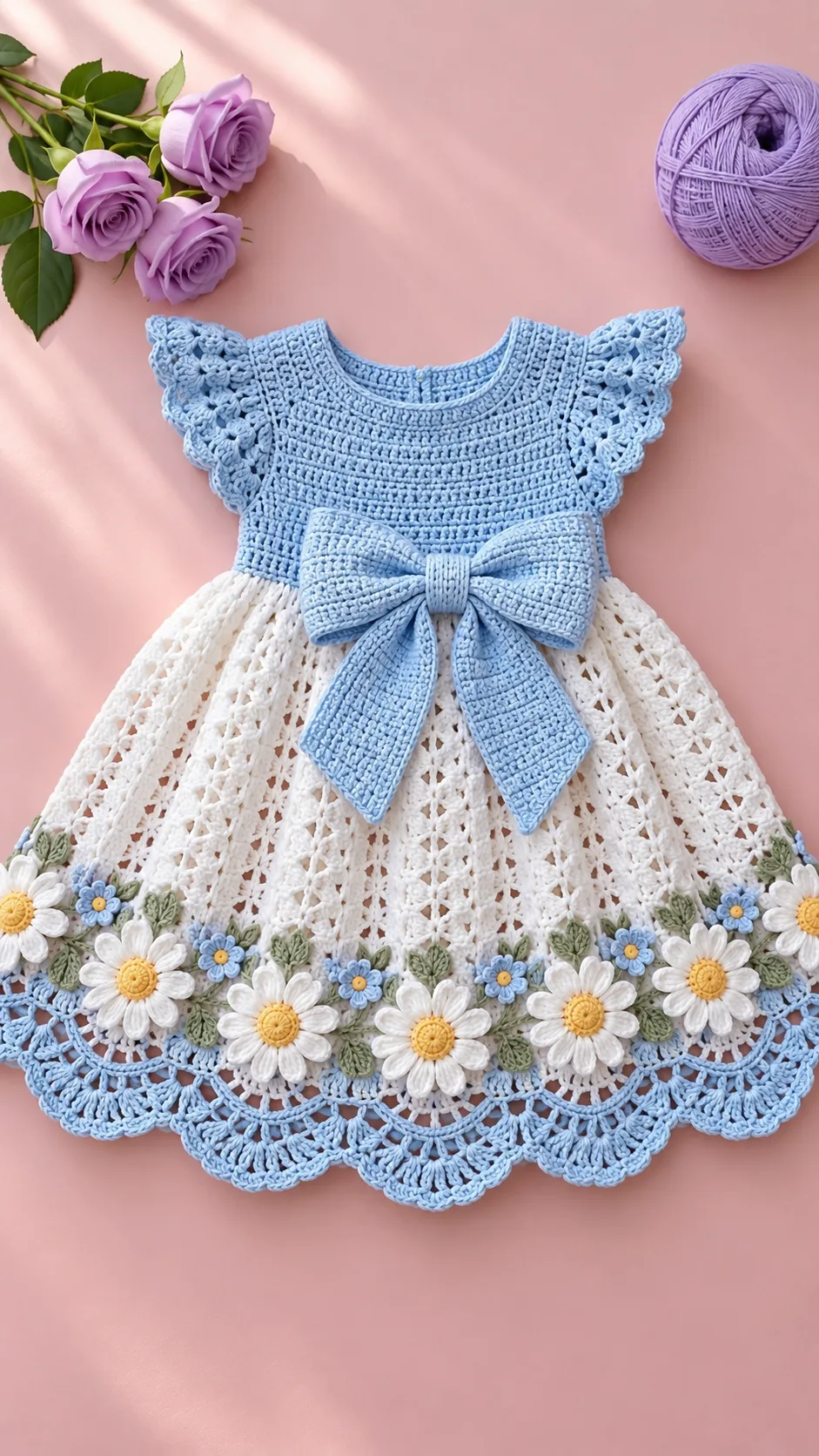 Sky Blue Daisy Bow Dress Crochet Pattern