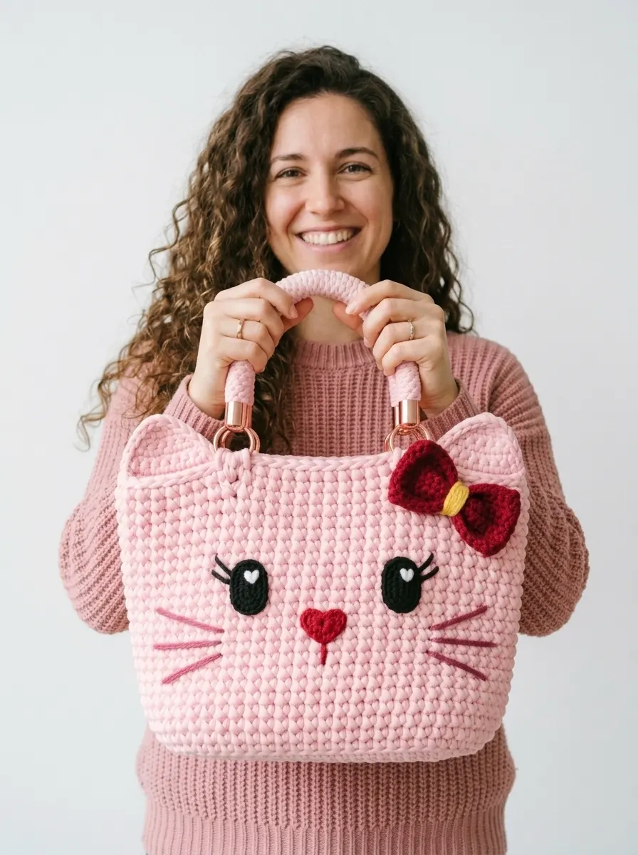 Soft Pink Valentine Kitty Tote Free Crochet Pattern