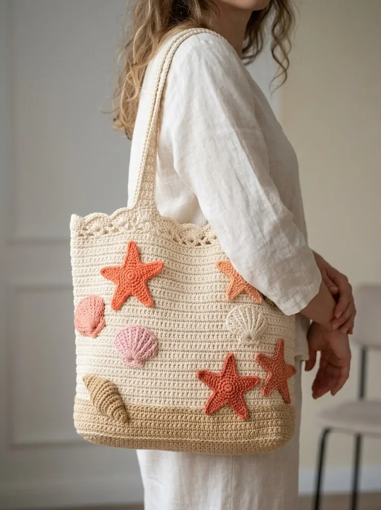 Starfish and Shells Crochet Summer Tote Free Pattern