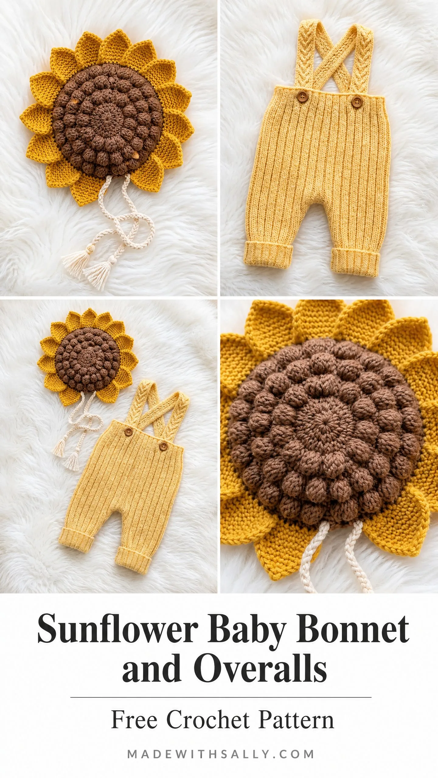 Sunflower Baby Bonnet and Overalls Free Crochet Pattern