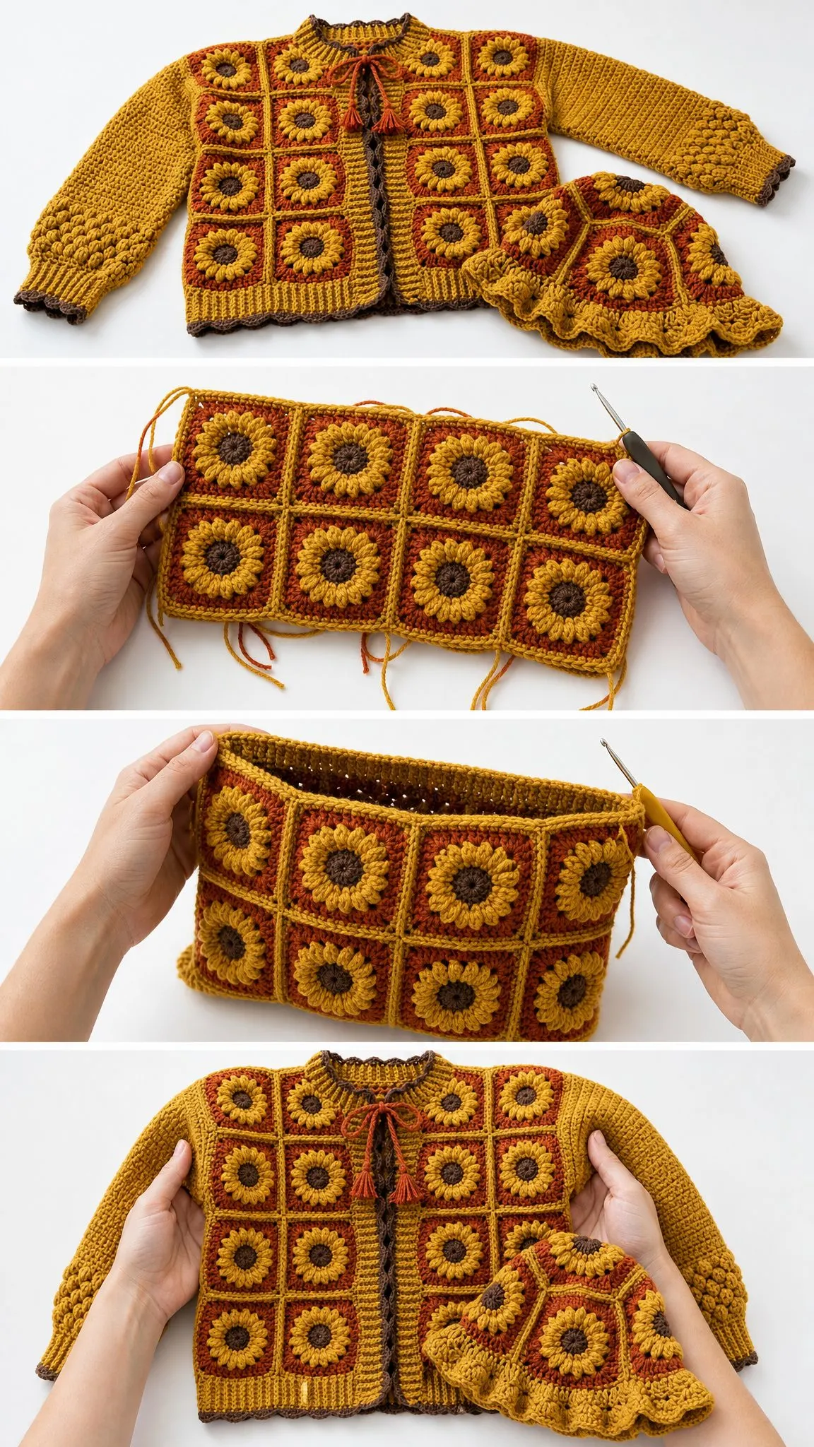 Sunflower Granny Square Cardigan Set Free Crochet Pattern