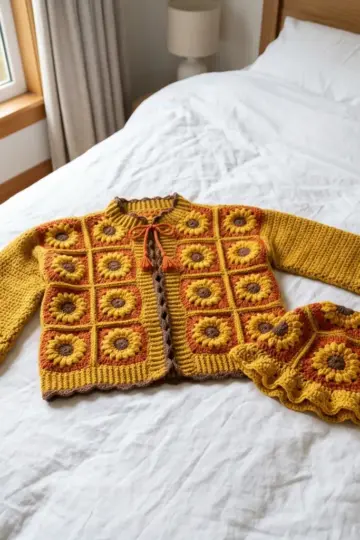 Sunflower Granny Square Cardigan Set Free Crochet Pattern