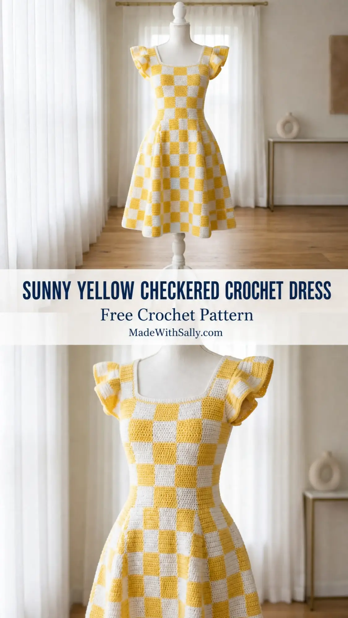 Sunny Yellow Checkered Crochet Dress Free Crochet Pattern