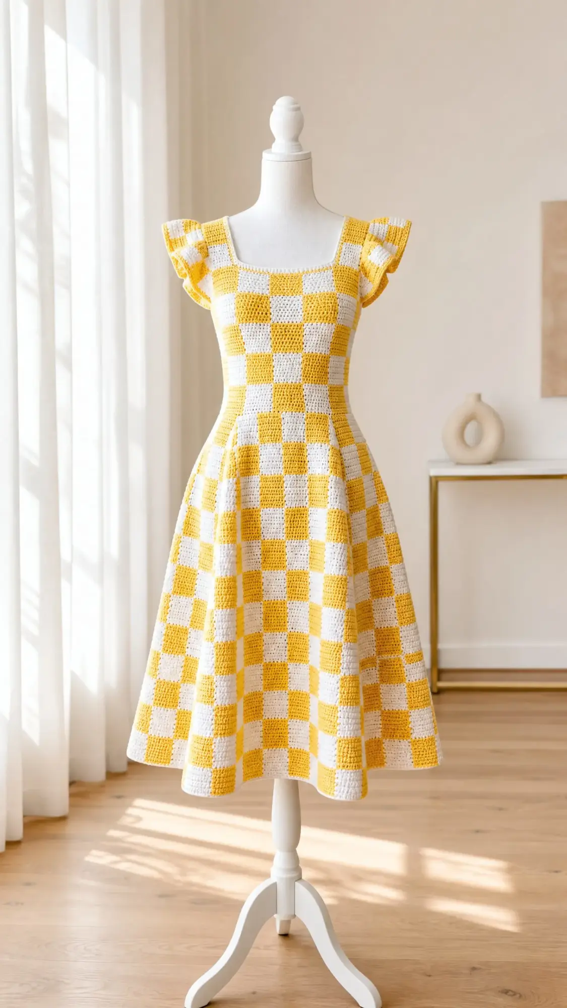 Sunny Yellow Checkered Crochet Dress Free Crochet Pattern