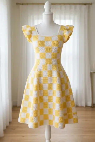 Sunny Yellow Checkered Crochet Dress Free Crochet Pattern