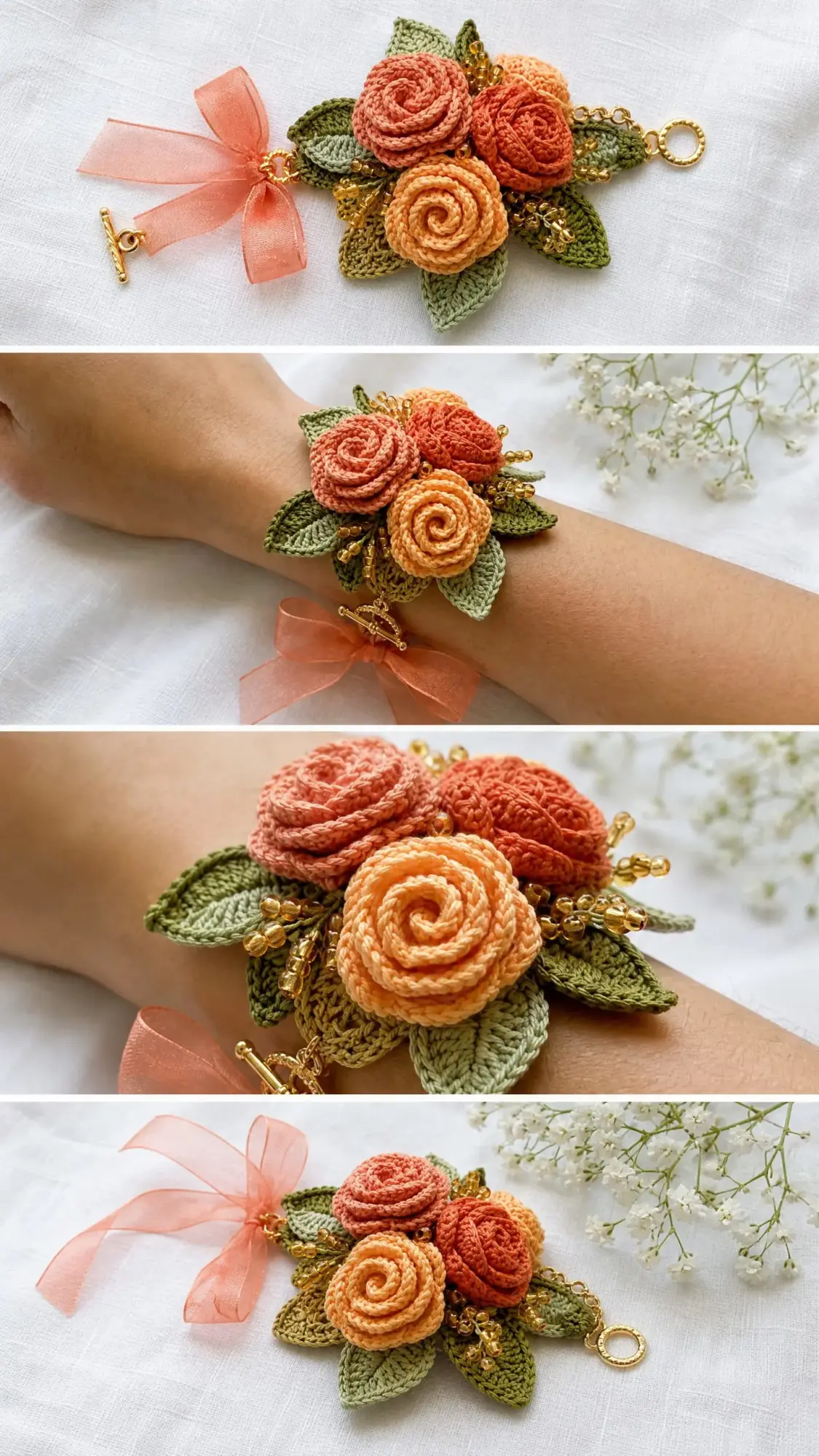 Sunset Peach Rose Bracelet Free Crochet Pattern