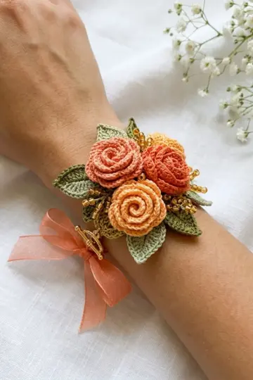 Sunset Peach Rose Bracelet Free Crochet Pattern