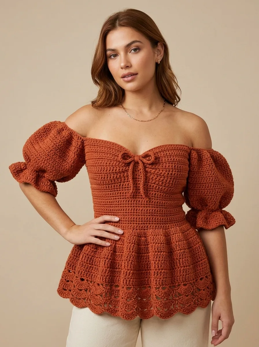 Terracotta Rust Peplum Off-Shoulder Crochet Top Pattern