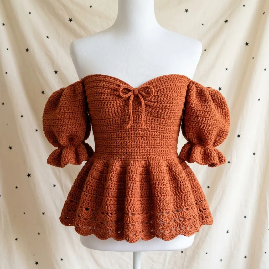 Terracotta Rust Peplum Off-Shoulder Crochet Top Pattern