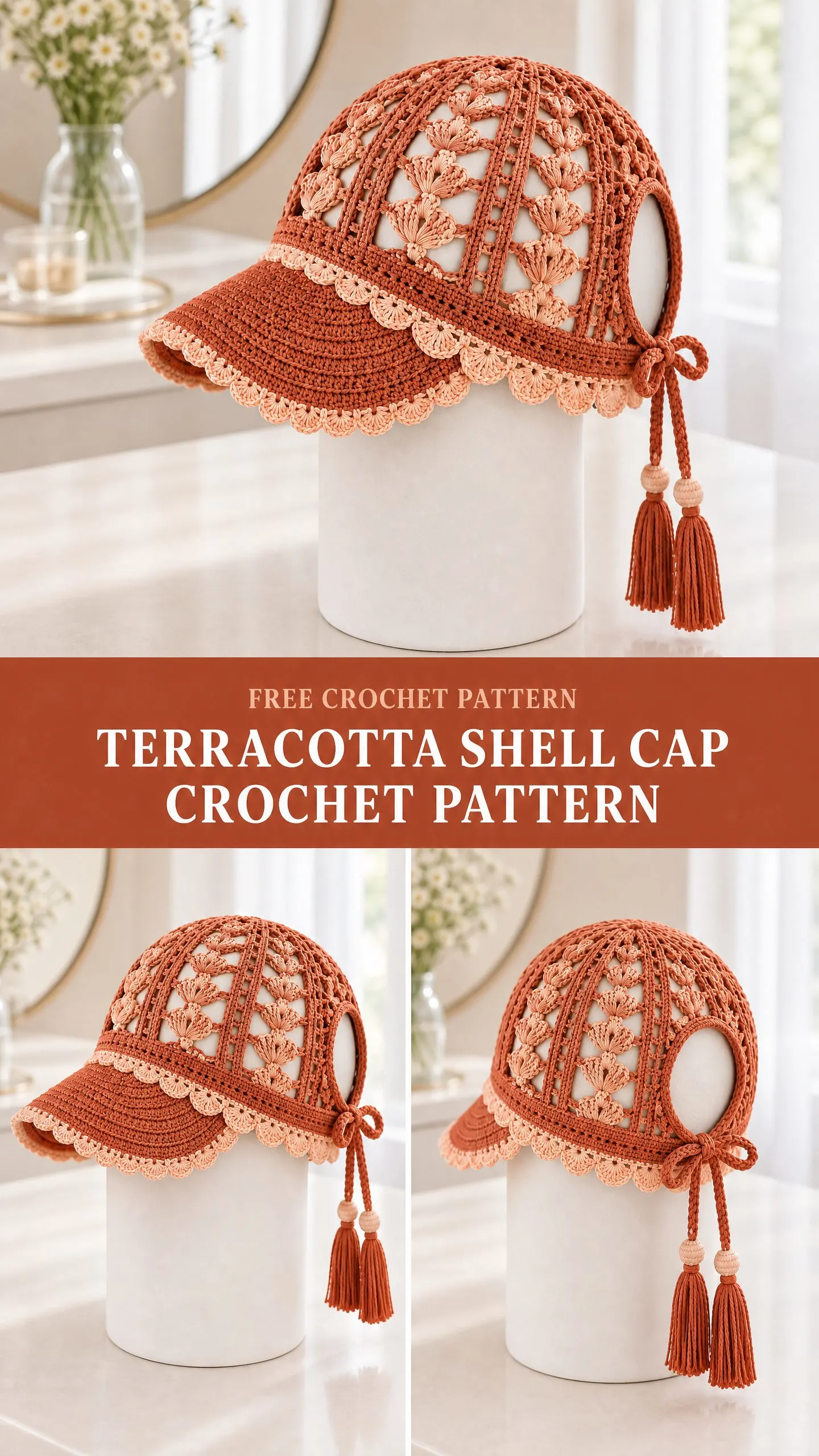 Handmade crochet ponytail cap in terracotta cotton featuring open mesh crown and curved visor