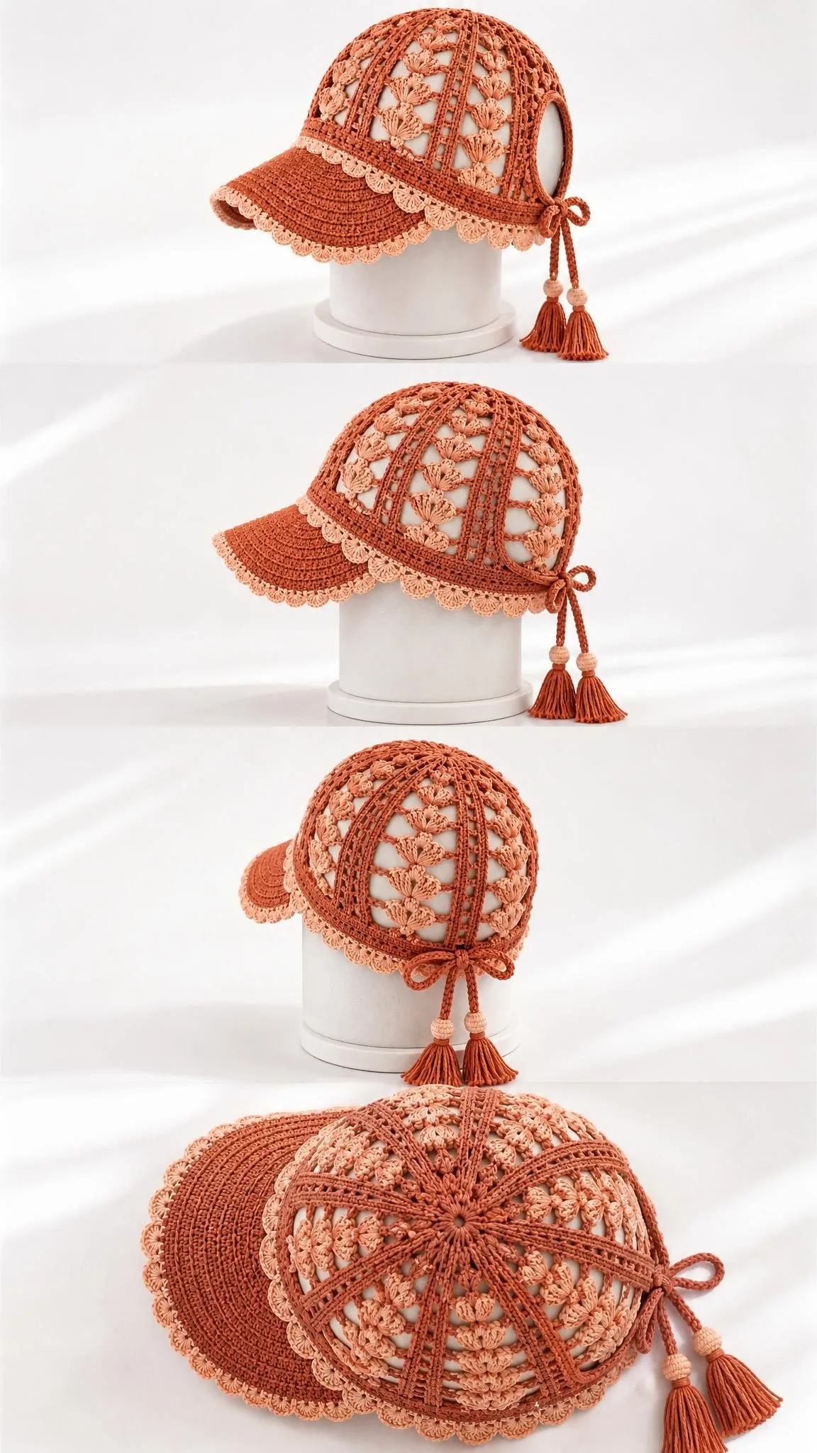 Side view of terracotta shell cap showing lace mesh detail and decorative tassel ties