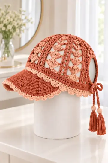 Terracotta crochet visor cap with pale peach shell trim and tassels displayed on a white stand