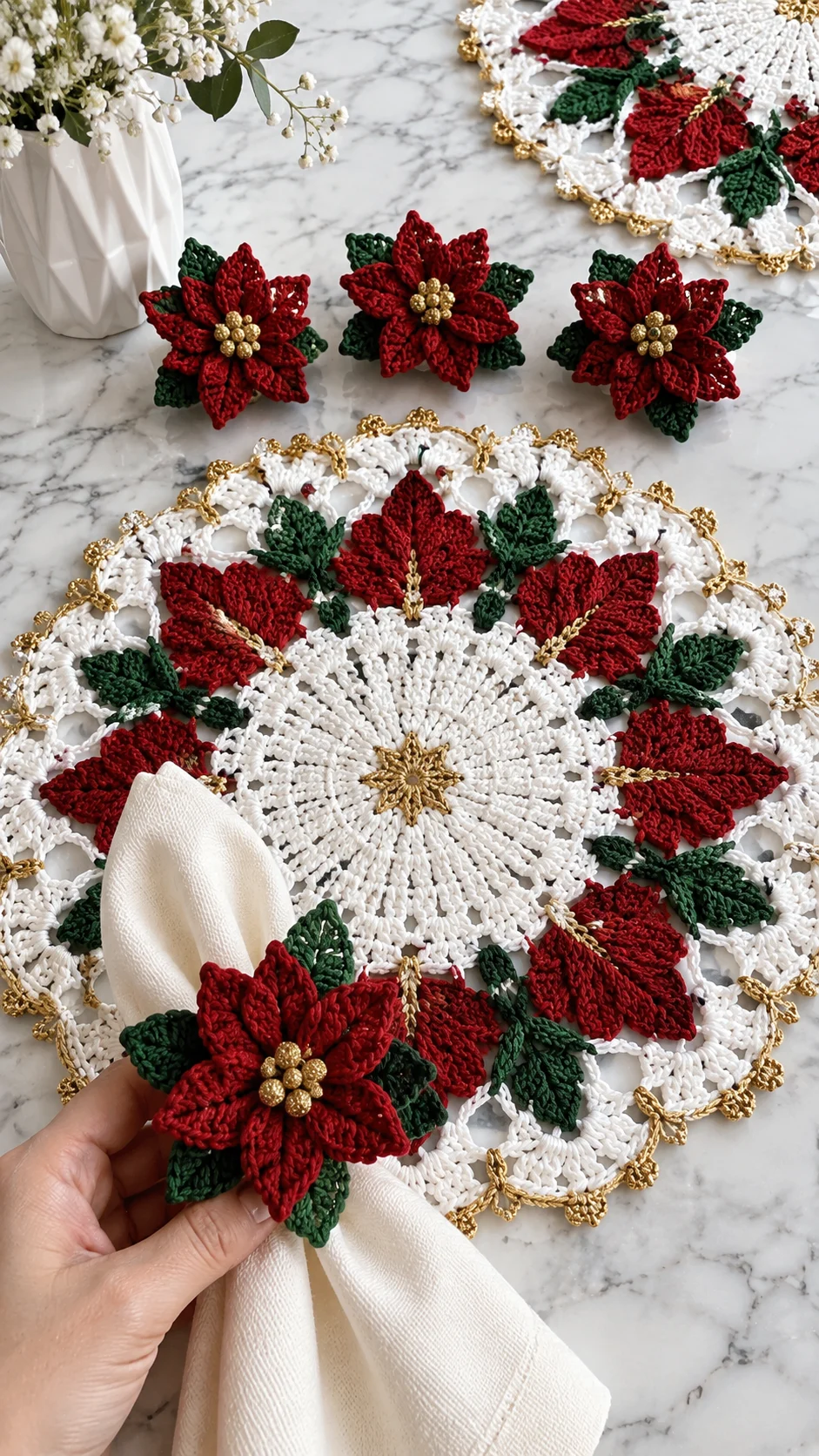 Winter Poinsettia Table Set Crochet Pattern