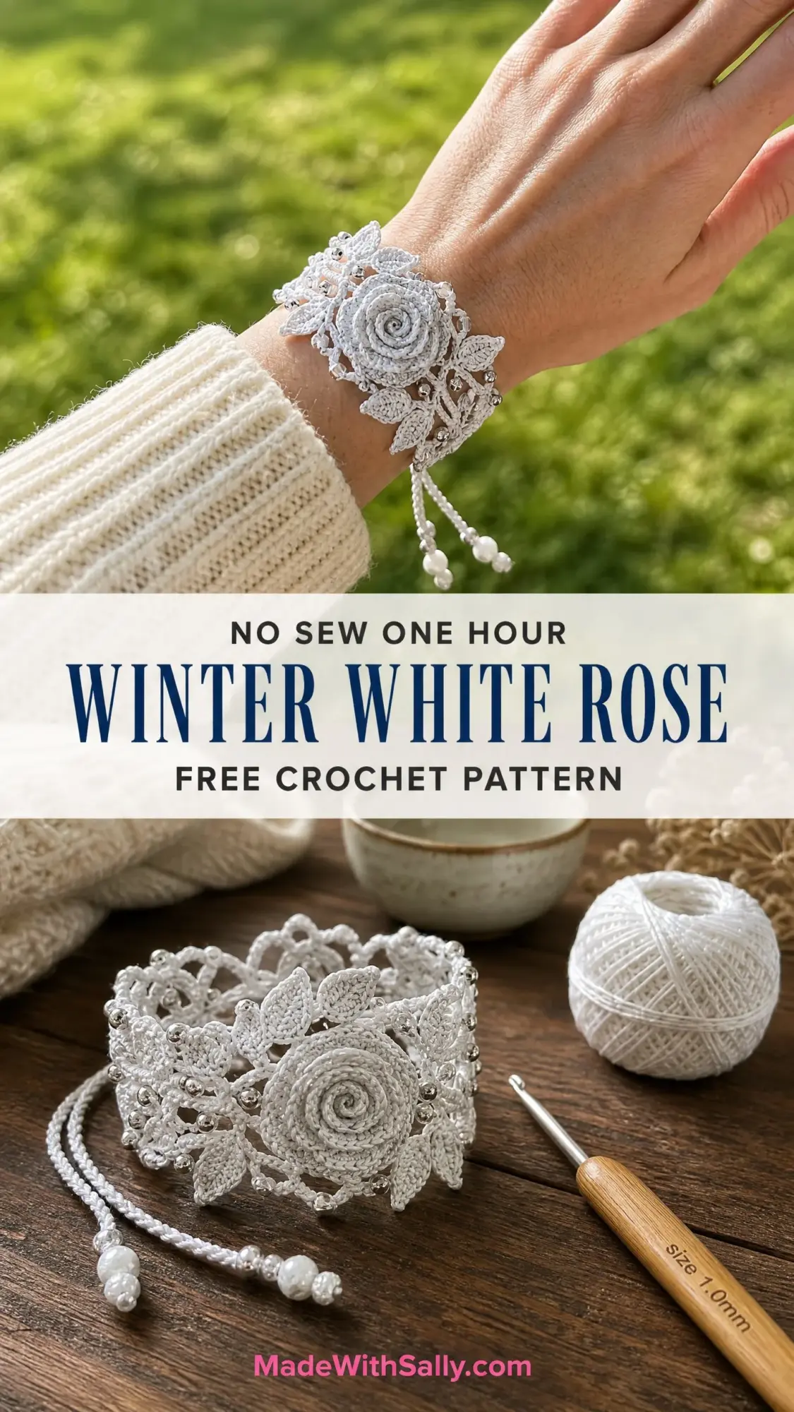 Winter White Rose Bracelet Free Crochet Pattern